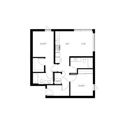 Floor plan for 2 beds, 2 baths, 848 sqft